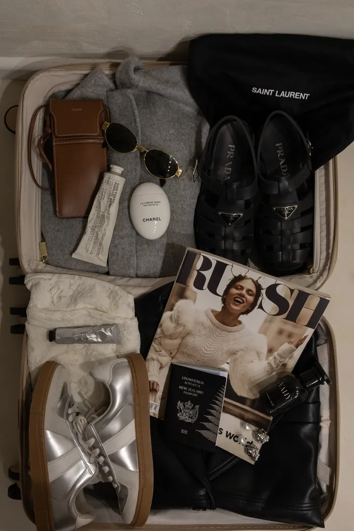 Luxury fashion flat lay suitcase packing essentials